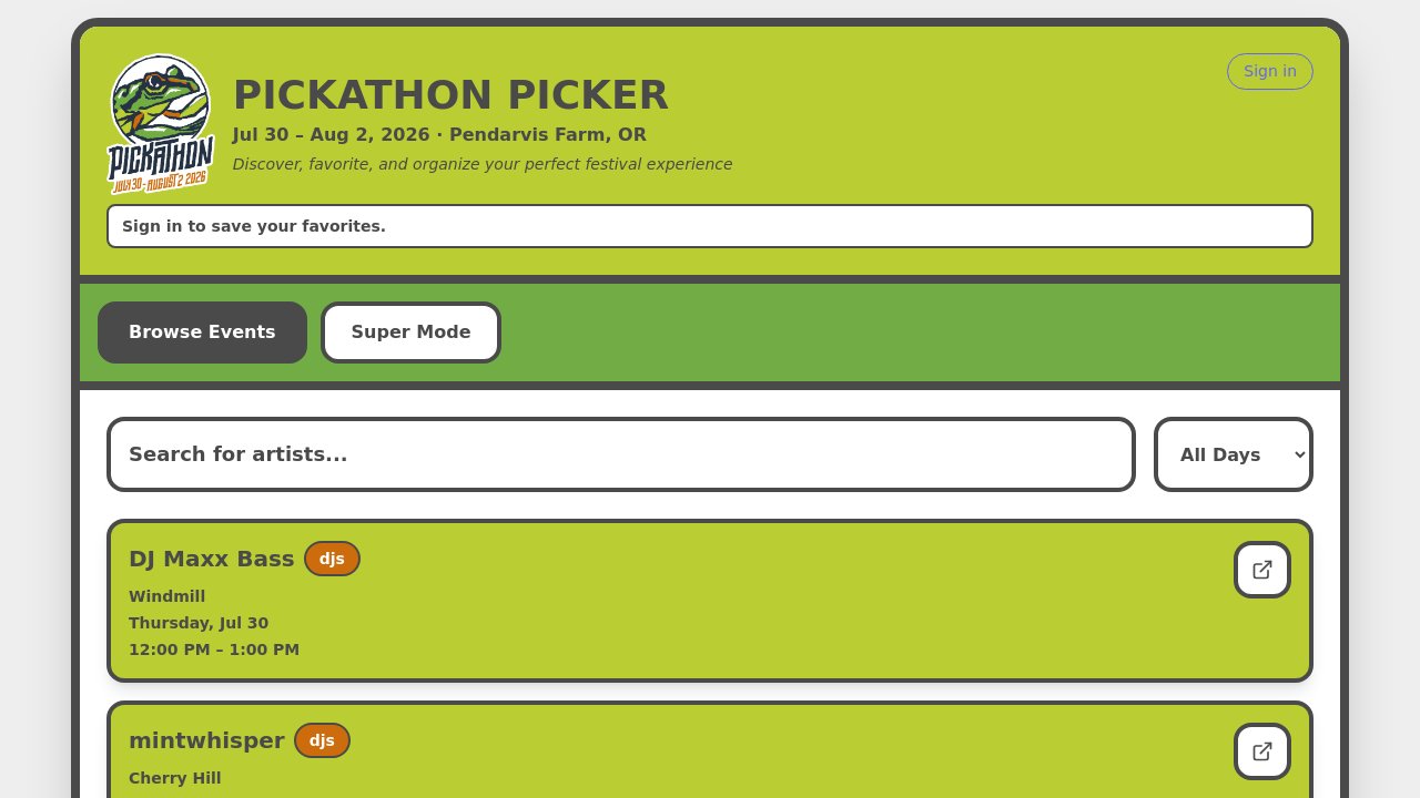 Screenshot of Pickathon Picker